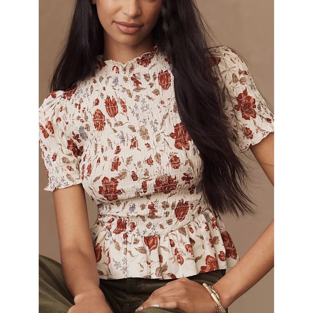 Reformation Aggie Top M Gwendoline Floral Smocked Puff Sleeve Peplum romantic